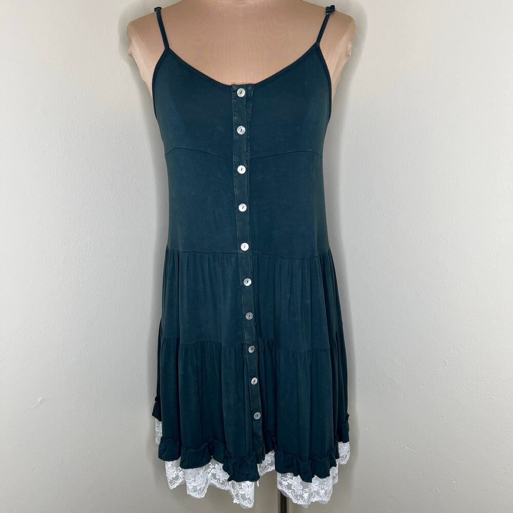 POL Mini Shirt Dress Womens Small Teal Acid Wash Tiered Lace Hem Ruffle Boho New